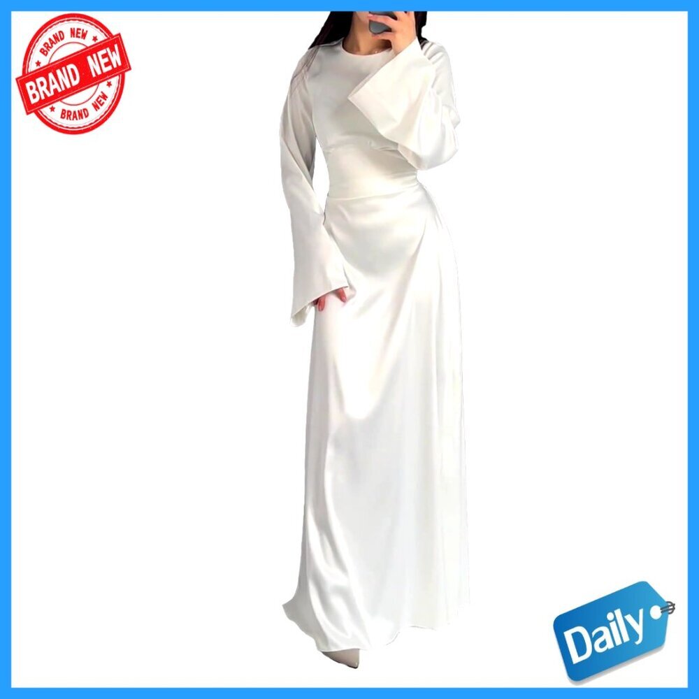 Satin Slip Maxi Dress Elegant Minimal Chic Long Sleeve Back Lace Up Party Wear